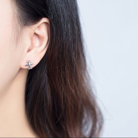 925 Sterling Silver Airplane Stud Earrings - Picture 7 of 7